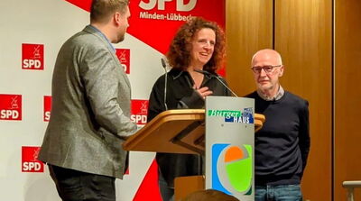 Verabschiedung von Katrin Kahlbaum durch Micha Heitkamp (links) und Ulrich Pock (rechts)